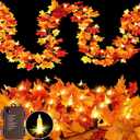 2Pack Fall Garland with Lights Battery Operated,Tatal 20Ft 100 LED Fall Decorations for Home with Orange Bulbs,Fall Lighted Garland for Table Porch Thanksgiving Harvest Halloween Indoor Outdoor Dcor