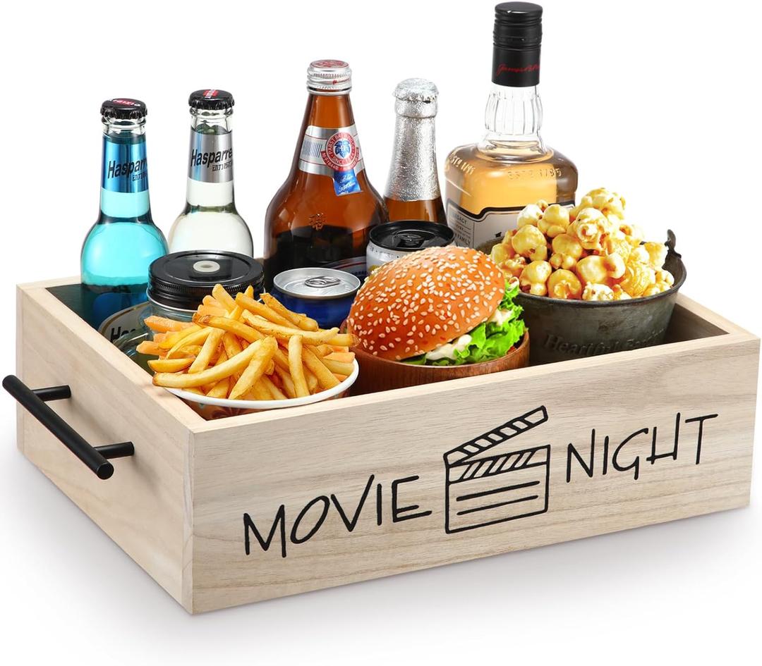 15 Inch Movie Night Snack Trays with Handles Wooden Snack Popcorn Bowl Organizer Movie Night Supplies Candy Food Storage Bin Basket for Theater Family Birthday Party(Classic)