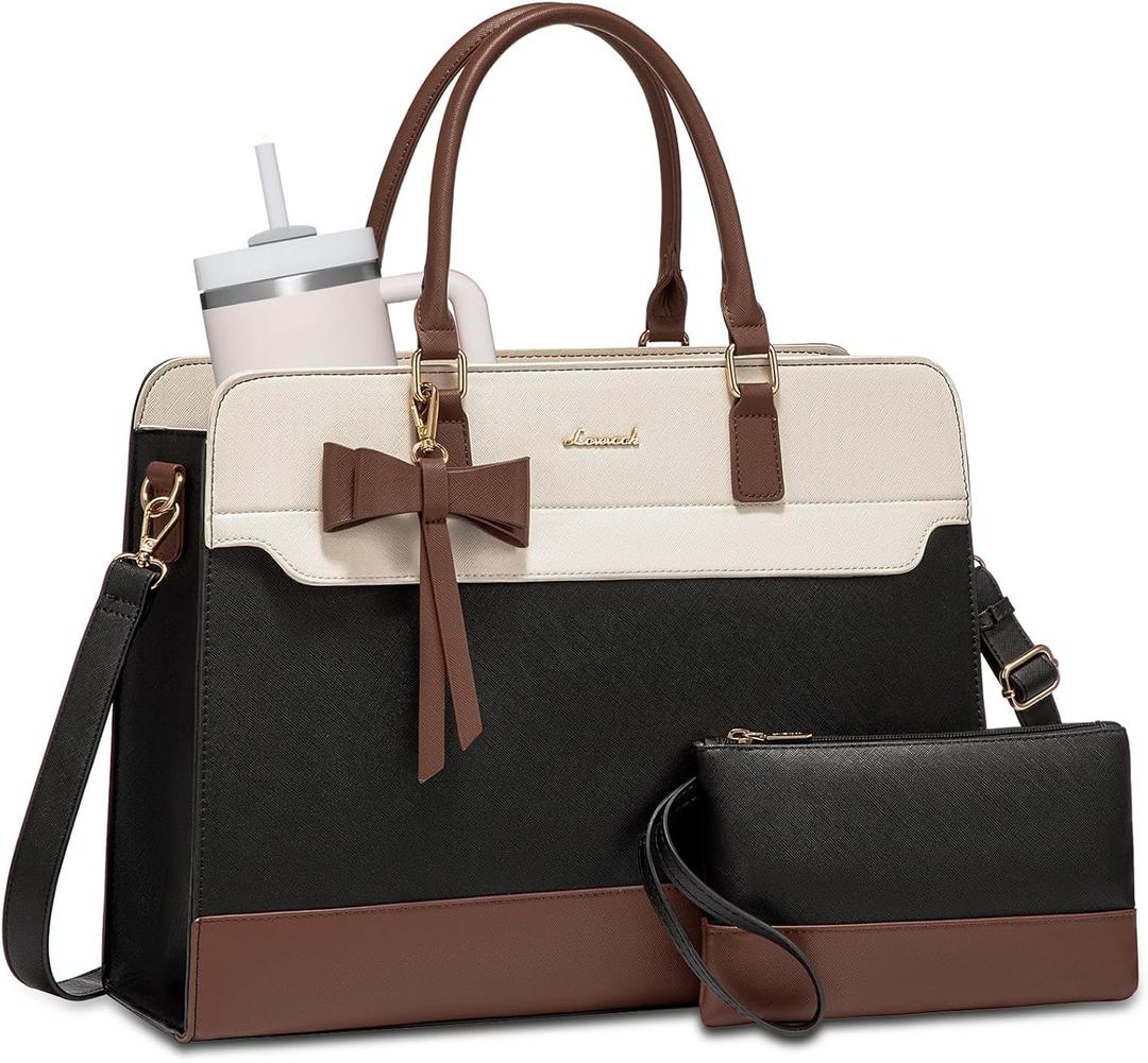 LOVEVOOK Laptop Tote Bag for Women,Leather Work Bag, Waterproof Business Teacher Bag,Large Computer Handbag Purse Briefcase,Office Gifts for Women (15.6 Inch, Black-white-brown-up)