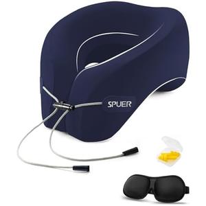 Travel Pillows for Airplanes, Neck Pillow Airplane, Airplane Travel Accessories with Eye Mask, Earplugs & Storage Bag, Ergonomic Memory Foam Neck Pillow for Sleeping, Flights, Cars, Office (Navy Blue)