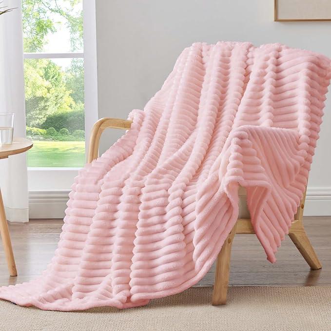 BEDELITE Fleece Throw Blanket for Couch, 300GSM Soft & Warm Fluffy Queen Blanket, Decorative and Giftable Striped Pink Blankets for Women, Men, 50"x60"