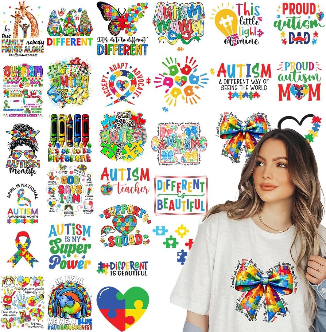 Kaciola 30 Sheets Autism Awareness DTF Transfers Ready to Press, Autism Iron on Transfers Stickers Iron on Decals for T Shirts Hoodie DIY Crafts