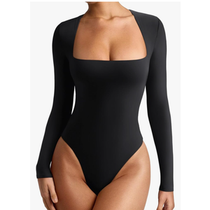 REORIA Women's Basic Lightweight Layering Sexy Slim Square Neck Long Sleeve Bodysuit Tops, Small Size Black