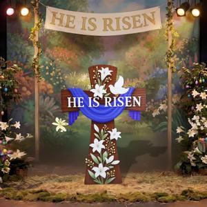 Tatuo 47" H Easter He is Risen Cardboard Cutout Stand up Religious Easter Cross Sign Decorations Life Size Photo Booth Props for Religious Christian Church Backdrop Background Party Supplies