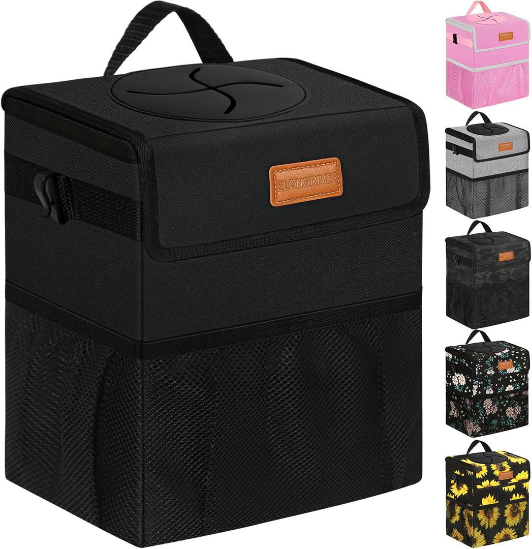 Car Trash Can Bin for Back Seat Leak Proof, Cute Car Trash Bag Hanging, Vehicle Trash Can for SUV Truck Van, Automotive Garbage Cans Front Seat Black (3 Gallons, Balck)
