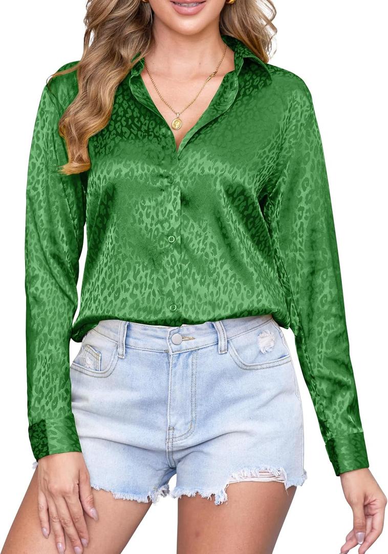 CUNLIN Womens Soft Satin Silk Leopard Button Down Shirts for Women Silky Long Sleeve Work Shirt Dress Blouses Tops, Size: Large