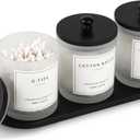 3 Pack Qtip Holder - Bathroom Organizers and Storage, Cotton Round Swab Holder Dispenser Cotton Ball Holder with Tray, Glass Apothecary Jars with Lids, Floss Pick Containers - ms black