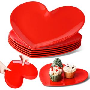 6 Pcs 11" Heart Shaped Melamine Plates Large Valentine's Plates Unbreakable Red Heart Dessert Dinner Charger Dishwasher Safe Salad Serving Charger for Valentine's Party Anniversary Wedding Dating