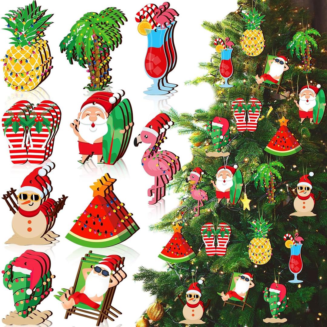 Chunful 30 Pcs Christmas in July Ornaments Summer Wooden Hanging Ornaments Summer Tree Decoration Beach Santa Tropical Decoration with String for Luau Party Supplies Hawaiian Party Favors