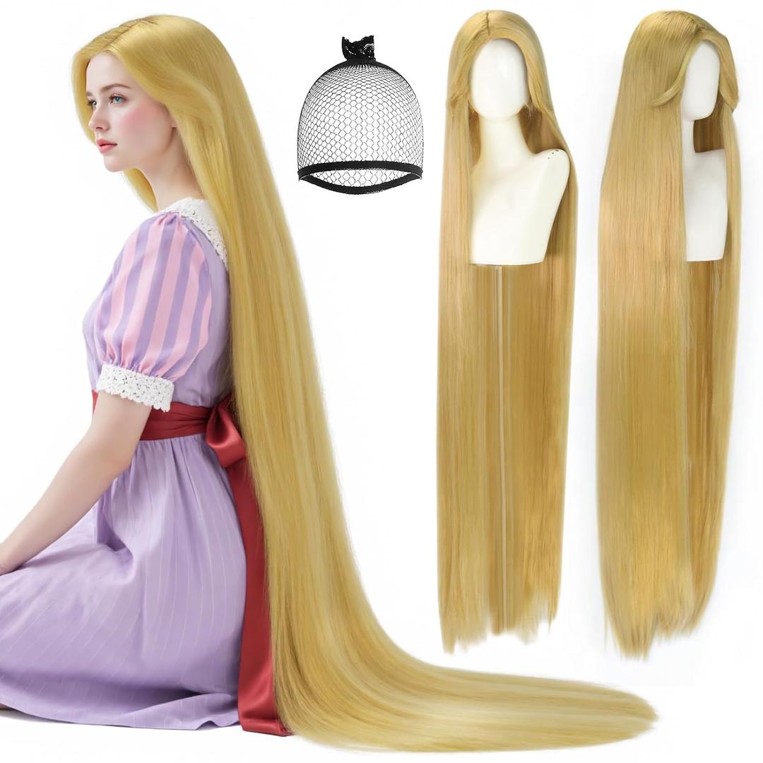 (Wig Cap + Long Blonde Wigs for Women 160 cm/62 Inch Long Straight Synthetic Hair Princess Cosplay Wigs for Women Fairy Tale Straight Blonde Costume Wig for Halloween Party Princess Outfit