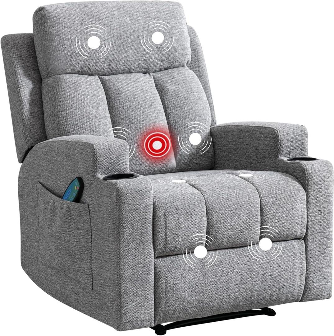 Phoenix Home Manual Recliner Chair with Massage and Heat Ergonomic Overstuffed Breathable Fabric Reclining Chair with 2 Side Pockets, 2 Cup Holders, Remote Control, Living Room, Bedroom, Gray