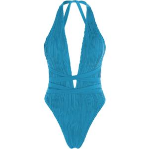 ZAFUL Women Plunging One Piece Swimsuit Backless Cross Tie High Cut Thong One-Piece Bathing Suit 3-Blue XL