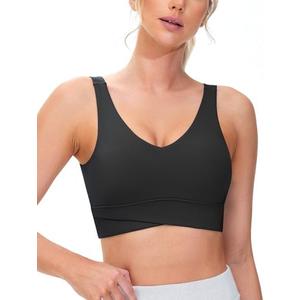 THE GYM PEOPLE Women's Padded Sports Bra V-Neck Wireless Stretchy Workout Crop Tops with Cross Hem Soft Yoga Bras, S