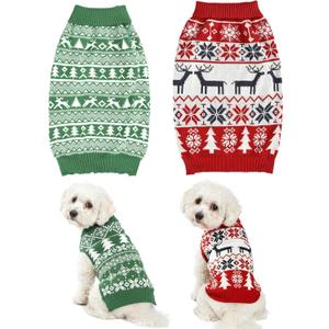 2PCS Dog Christmas Sweater, Soft Warm Pet Clothes Coat for Small Medium Large Dogs and Cats Boy Girl, Fall Cozy Holiday Turtleneck Knitting Collar Pullover Pup Outfit Costume for Thanksgiving New Year