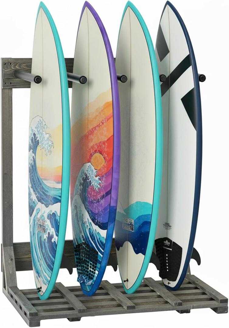 MyGift 4-Ft Tall Rustic Burnt Wood Freestanding Vertical Surfboard Rack, Wakeboard SUP Paddleboard Storage Rack - Holds up to 4 Boards (Vintage Gray)