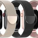 BELONGME 3 Pack Mesh Loop Compatible with Apple Watch Bands for Women Men 40mm 41mm 38mm 42mm 44mm 45mm 49mm 46mm Series 10 9 8 7 6 5 4 3 2 1 Ultra SE, Stainless Steel Metal Magnetic Strap for iWatch (Starlight+Black+Rose Gold)
