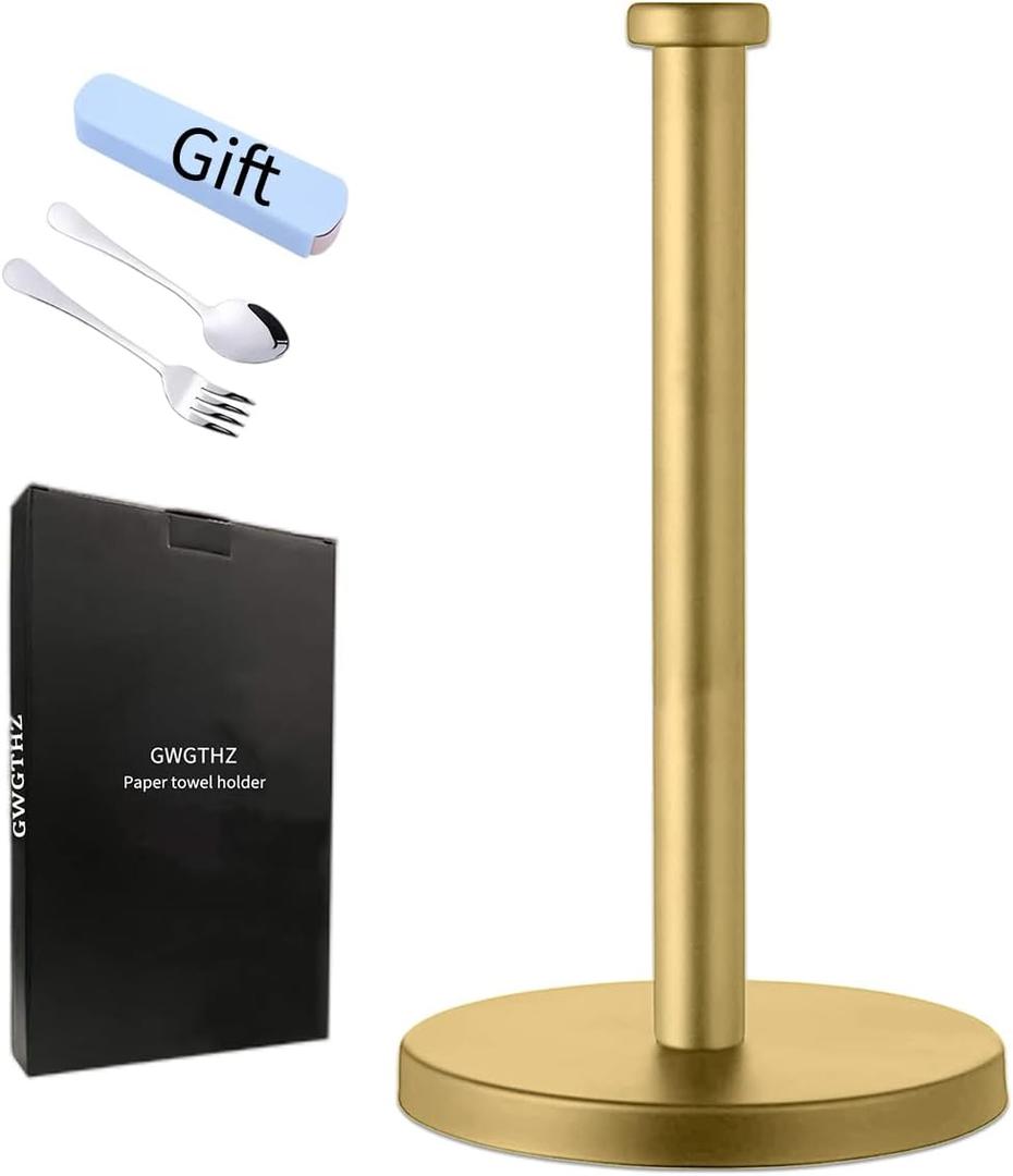 Stainless Steel Paper Towel Holder, Gold, Countertop for Kitchen & Bathroom, Standing with Weighted Base for Standard or Rolls, Brushed Brass