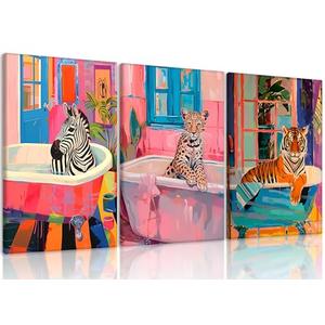 Framed Funky Bathroom Animal Wall Art set of 3, Tiger Leopard Zebra in Bathtub pictures Wall Decor, Pink Kitsch Aesthetic Animal Eclectic Posters Print Artwork for Restroom Bathroom