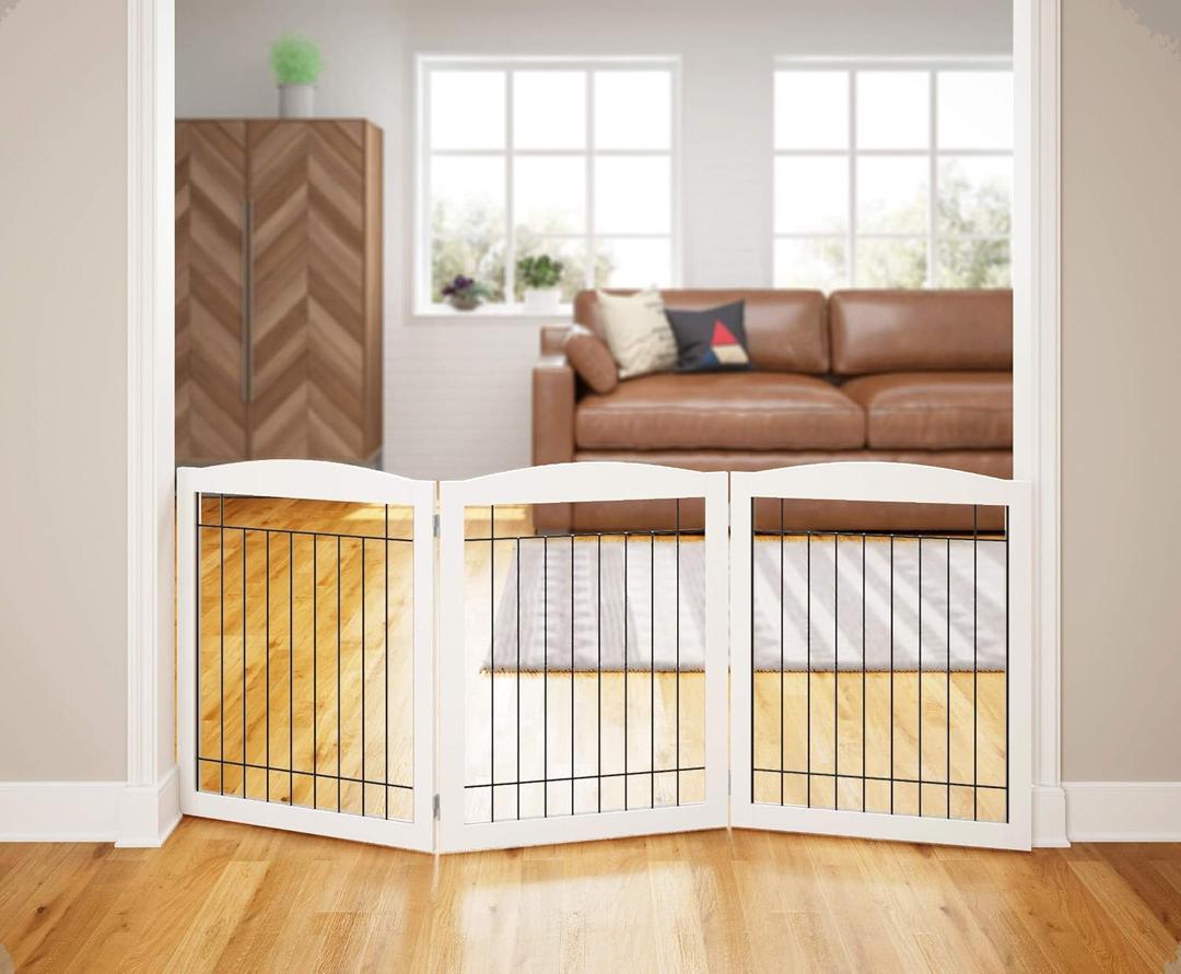 PAWLAND 72 Extra Wide Dog gate for The House, Doorway, Stairs, Freestanding Foldable Wire Pet Gate, Pet Puppy Safety Fence, 30" Height (White, 3 Panels)