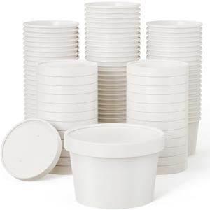 JOLLY PARTY 50pack 8oz Paper Soup Containers with Lids, Disposable Kraft Paper Food Cups, Ice Cream Cups, Food Storage with Vented Lids, Microwavable and Freezer Safe (White)