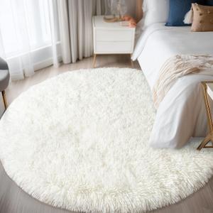 Round White Rug for Bedroom, 6 ft Circle Area Rugs for Living Room, Soft Fluffy Shag Carpet for Teen Girls Boys Nursery Room Dorm Home Decor Aesthetic