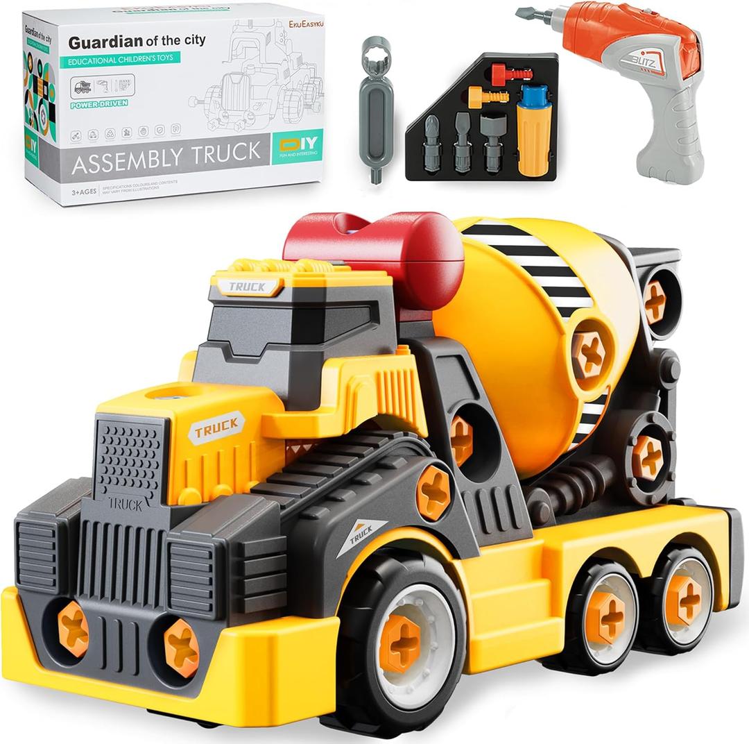 11inches Large Take Apart Cement Mixer Trucks Construction Toys for Boys Girls Kids 3-5 6-8 Year Old Electric Drill Set Assembly Building Toys