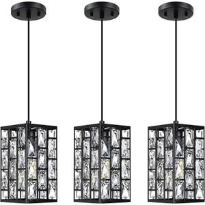 Doraimi Lighting 3 Pack 1 Light Hanging Modern Kitchen Island Square Crystal Pendant Light Fixture,Black Finish Crystal Shade for Bar,Dining Room,Corridor,Living Room Over Sink