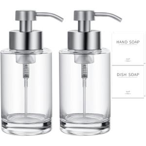Foaming Soap Dispenser Set, 12 Oz Glass Hand Soap Dispenser with 304 Rust Proof Stainless Steel Pump, Waterproof Labels, for Bathroom Decor Kitchen College Dorm, Clear Silver Pump 2 Pack
