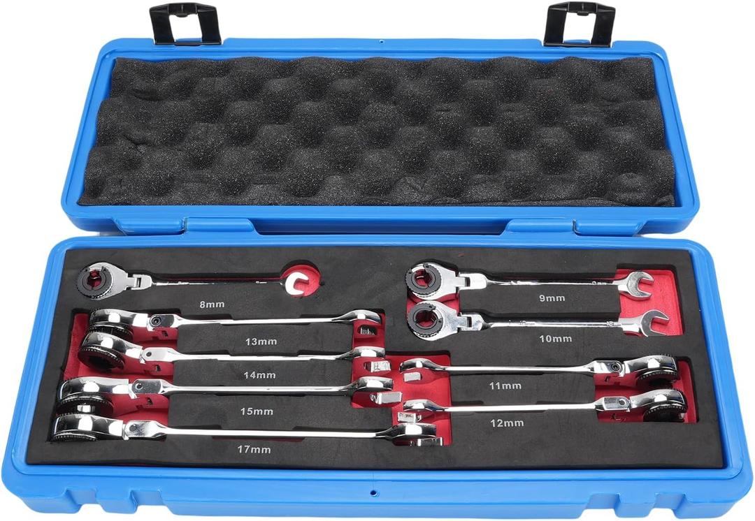9Pcs Metric Open Flexs Heads Ratcheting Wrench Combination Set 8-17mm, Metric Spanner with 72 Teeth, Chrome Vanadiums Steel Tubing Ratchet 180 Degree Adjustable