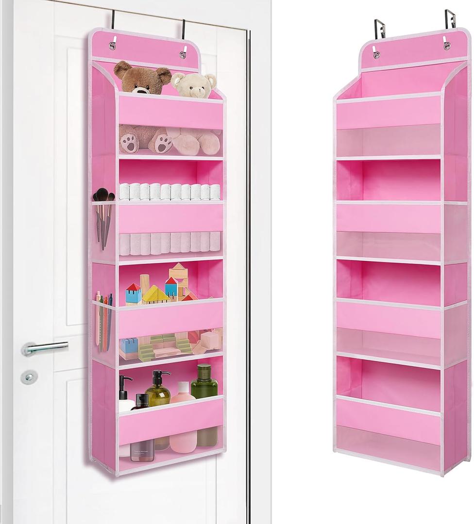 Over The Door Hanging Organizer with 4 Large Pockets  Closet, Bathroom, Nursery, Bedroom, Dorm Storage for Toys, Cosmetics, and Baby Essentials, Pink