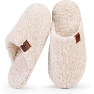 Womens Fuzzy Scuff Slippers, Comfy Supportive Foam Slip-On House Shoes for Indoor Bedroom (7-8, Off-white)
