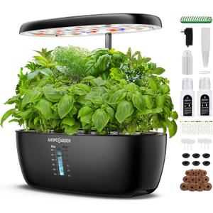 Ahopegarden Indoor Garden Hydroponics Growing System: 12 Pods Plant Germination Kit Garden Kit Growth Lamp Countertop with LED Grow Light Hydrophonic Planter Grower Harvest Vegetable Lettuce (Black)