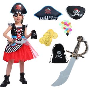 Girl's Pirate Costume DressBuccaneer Princess Dress With Eye-Patch,Coins,Jewels,Earring 7-8years