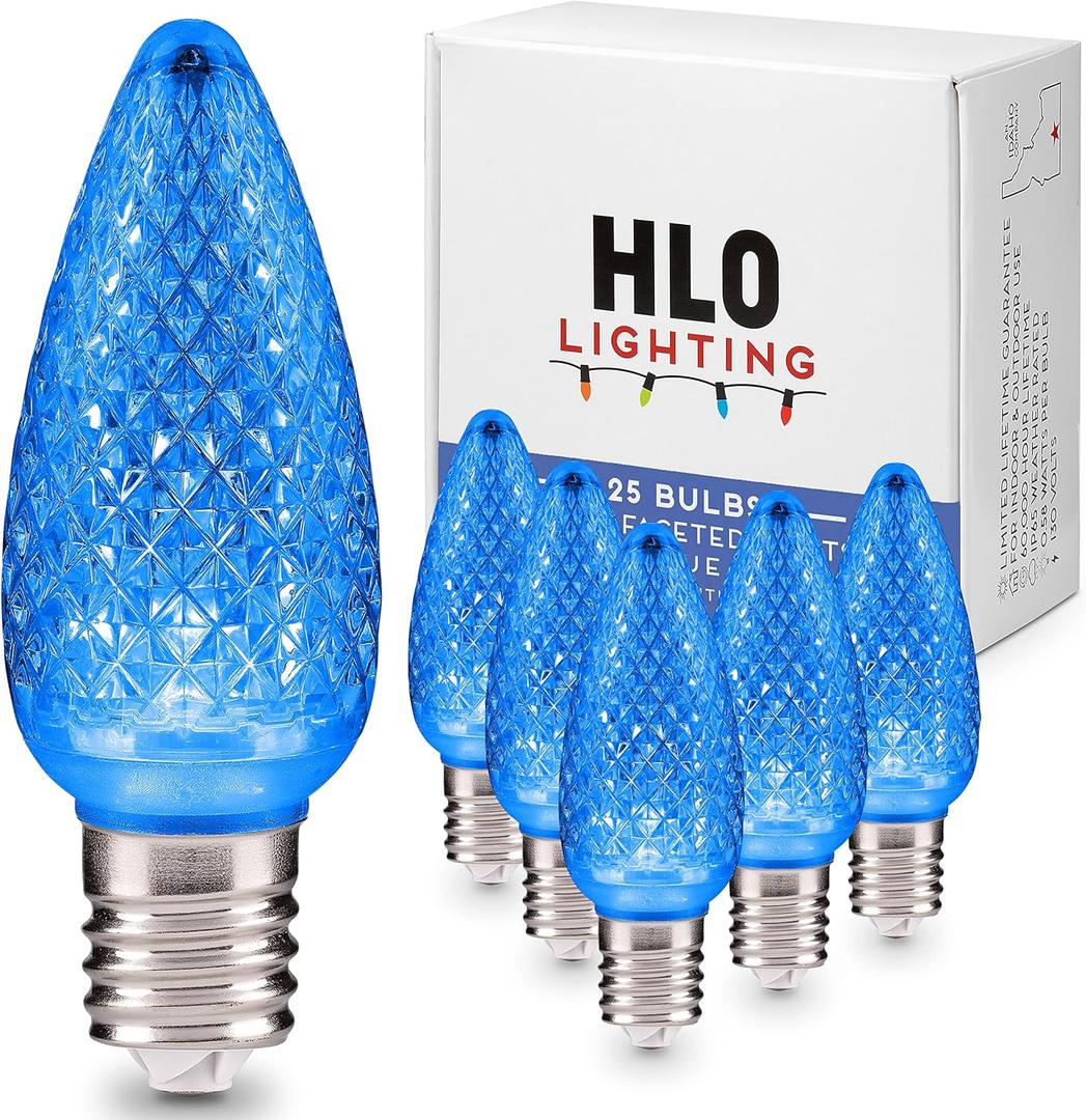 HLO Lighting Set of 25 Blue C9 Faceted LED Christmas Light Bulbs for Indoor & Outdoor Use | Durable Replacement Bulbs