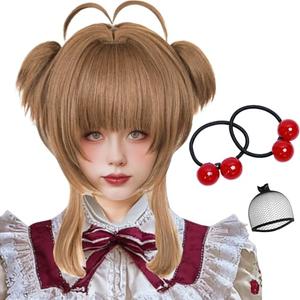 Half and Half Brown Ponytail Anime Wig with Bangs Magic Card Girls Pigtails Lolita Wigs for Women Halloween Costumes Party