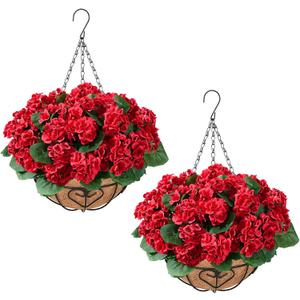 Waipfaru 2 Set Artificial Geraniums for Outdoors with Hanging Baskets, 12 Bundles UV Resistant Artificial Outdoor Plants, Fake Red Flowers for Spring Front Porch Home Patio Balcony Yard Decor