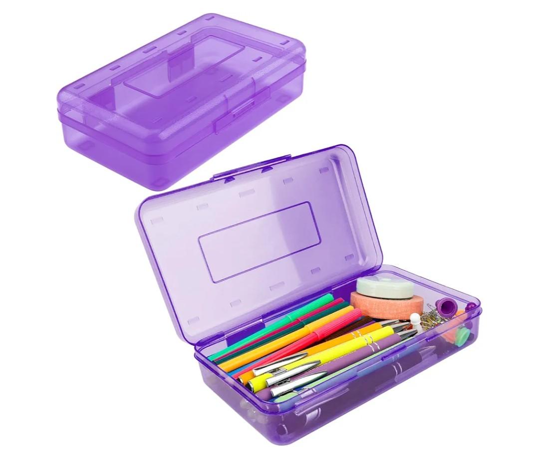 2 x Pencil Box, Clear Pencil Case, Large Capacity Plastic Hard Pencils Case Crayon Box with Snap-Tight Lid Stackable for Kids Adult Student Pens Pencils School Supplies Storage Office Supplies, Purple