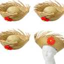 Cuffbow 4 Pcs Hawaii Straw Hat Pava Hat Puerto Rico Hibiscus Beachcomber Panama Cap Hawaiian Luau Farmer Cap Sombrero Headwear for Summer Pool Party Props Accessories(Natural)