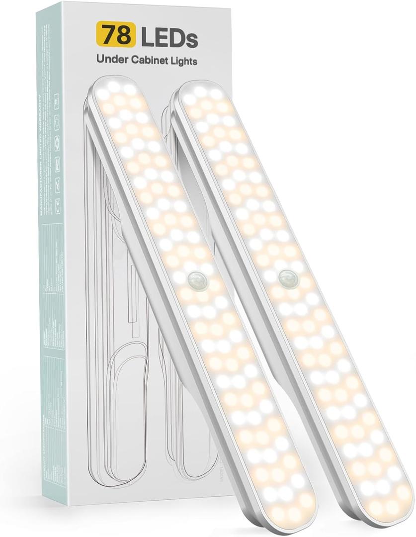 Rossetta Under Cabinet Lights, 78 LED Lights Battery Operated Motion Sensor Light Indoor, Wireless Rechargeable Dimmable Closet Lights Under Cabinet Lighting for Kitchen Closet Stairs Hallway (10.8inch, Bright White)