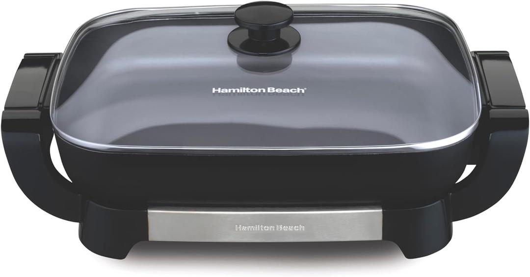Hamilton Beach Electric Skillet with PFAS-Free Durathon Ceramic Coating, Removable 12x15 Pan, Adjustable Temperature, Reversible Design, Tempered Glass Lid, Black Nonstick Surface (38531)