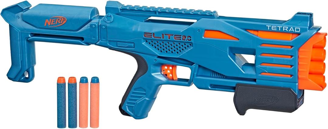 Nerf Elite 2.0 Tetrad QS-4 Blaster, Includes 4 Nerf Elite Darts, 4-Barrel Blasting, Tactical Rail for Customizing Capability, Pump Action