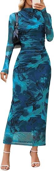 MEROKEETY Women's Long Sleeve Fall Wedding Guest Dress 2025 Bodycon Floral Mesh Ruched Cocktail Maxi Dresses L