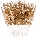 FEQO 36 Pcs Gold Eucalyptus Stems Artificial Leaves Faux Eucalyptus Stems Branches 15 inch for Wedding Bouquet Home Decor