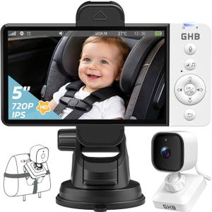 GHB Wireless Baby Car Camera 5" HD, 3500mAh Baby Monitor 2000mAh Camera Non WiFi, Temperature Alert, 720P Night Vision VOX Mode, 360 Rotatable Rear Facing Monitor Baby Essentials Gifts for Home Pets