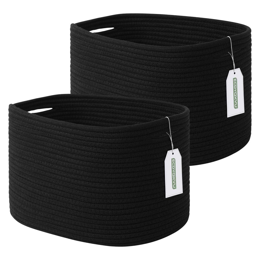 ECDYQXVU Cotton Rope Storage Basket, 15x10x9 Inches, Woven Basket for Shelves, Clothes, Towels, Books, and Laundry, Black (2 Pack)