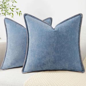 decorUhome Chenille Soft Cozy Throw Pillow Covers 20x20 Set of 2, Modern Farmhouse Boho Velvet Decorative Pillow Cases with Stitched Edge for Couch Sofa Bed Home Decor, Blue