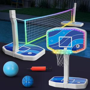 2-in-1 LED Pool Basketball Hoop Poolside & LED Pool Volleyball Net Set Swimming Pool Basketball Goal Outdoor for Kids Teens Adults Light Up Pool Toys Pool Games for Inground Pools