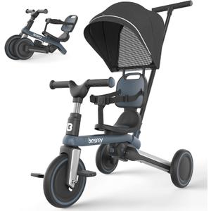 besrey Tricycle for Toddlers 1-3, Toddler Bike, Birthday Gifts and Toys for Boys and Girls, Toddler Tricycle with Push Handle and Canopy, 7 in 1 Baby Trike, Balance Bike(Updated Version 2.0 Dark gray) (New Version Dark Grey)