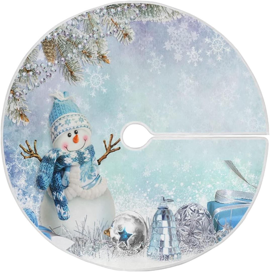 Merry Christmas Winter Snowman Christmas Tree Skirt Decorations White Snow Snowflake Blue Jingle Bells Xmas Tree Mat 35 inch for Holiday Party Supplies Rustic Ornaments Mini Tree Skirt