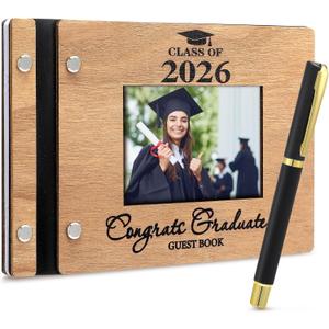 Skyygemm 2026 Graduation Wooden Guest Book with Pen Class of 2026 Sign in Book Memory Scrapbook 8 x 6 Inches 120 Pages Rustic Signature for Couple Gifts